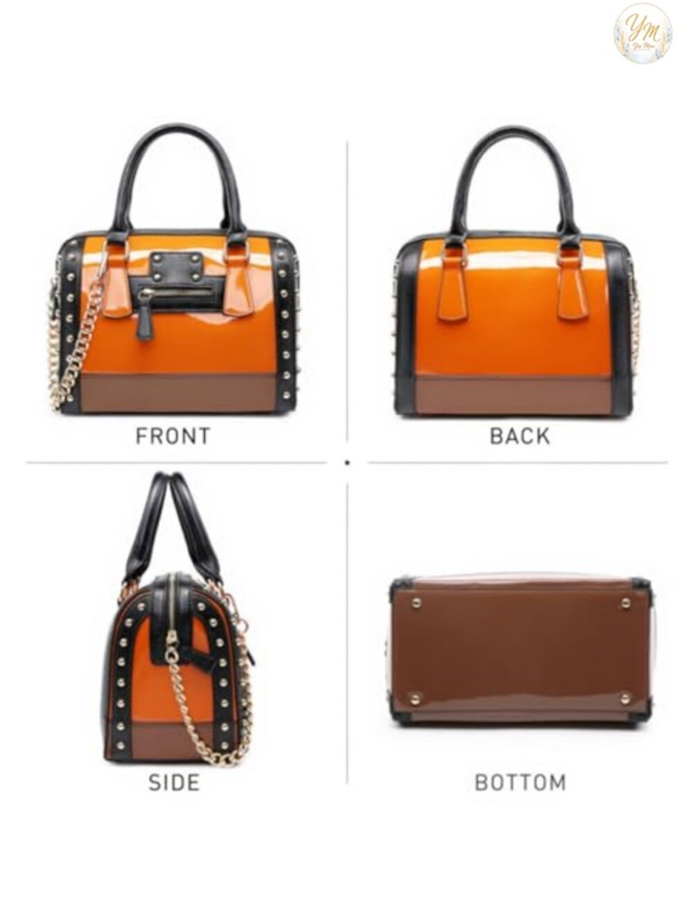 Faux Leather Barrel Satchel Purse with Rivets Top Handle Shoulder Bag